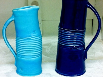 turquoise and blue porcelain bendy jugs by peter downey